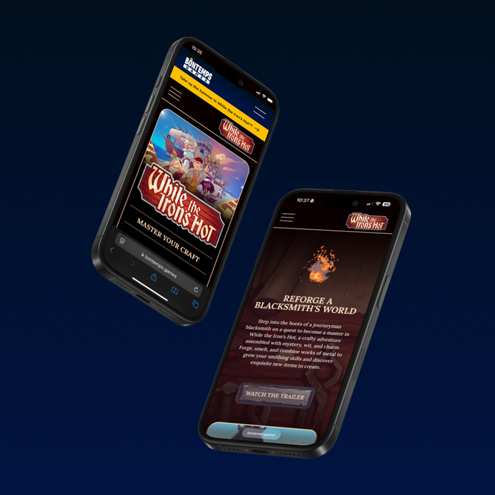 Mockup of Bontemps Games website on 2 floating iPhones