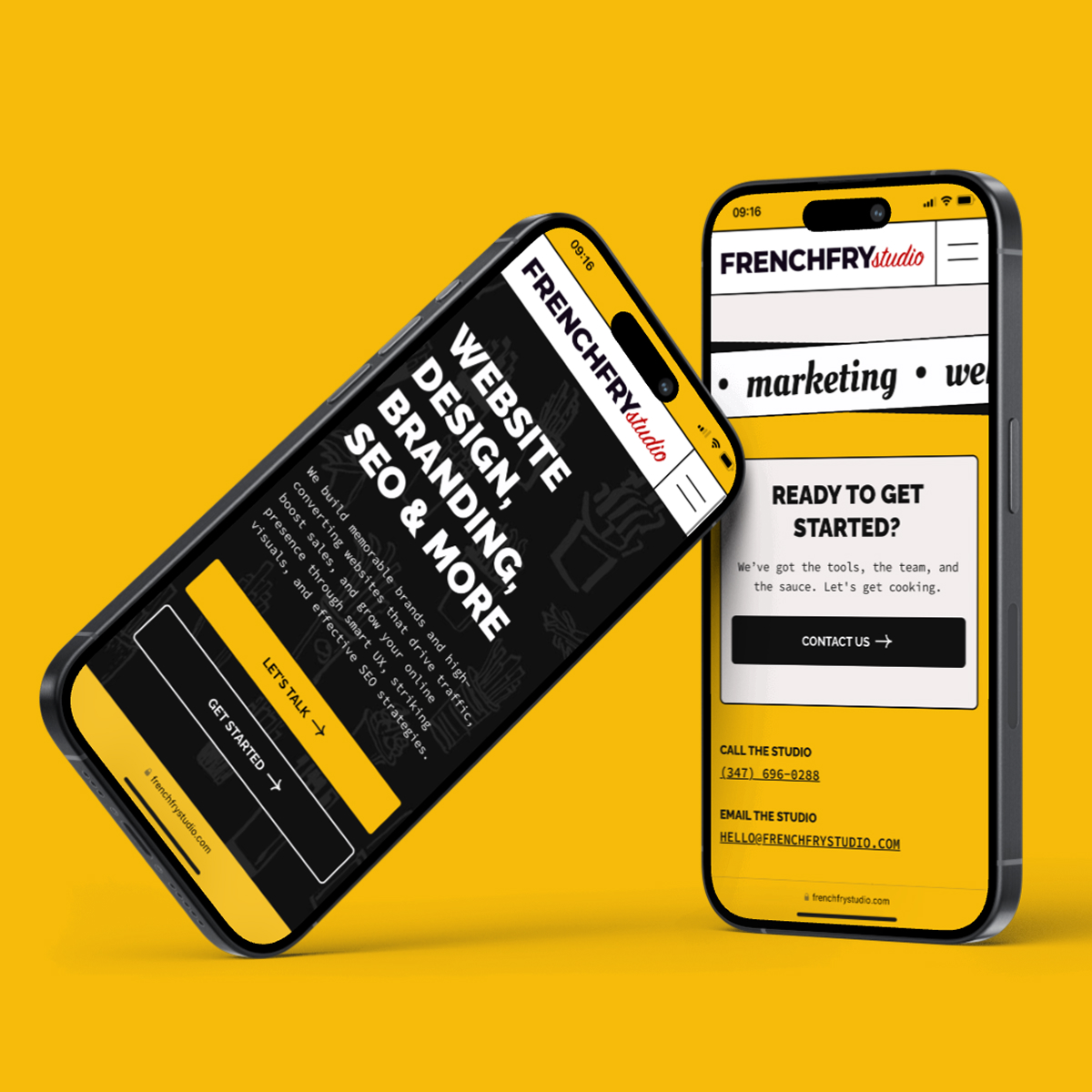 French Fry Studio website presented in 2 iPhones over a yellow background