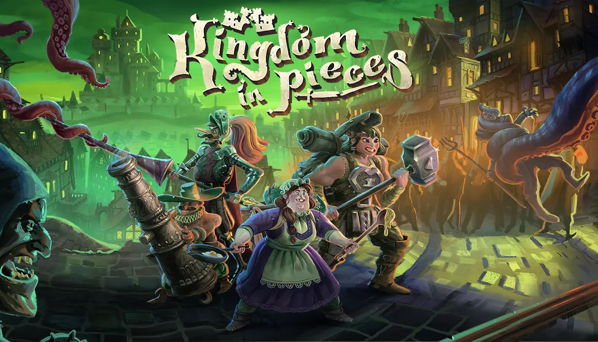 Key art for Kingdom in Pieces showing some of the characters battling monsters in front of a city with a green background sky